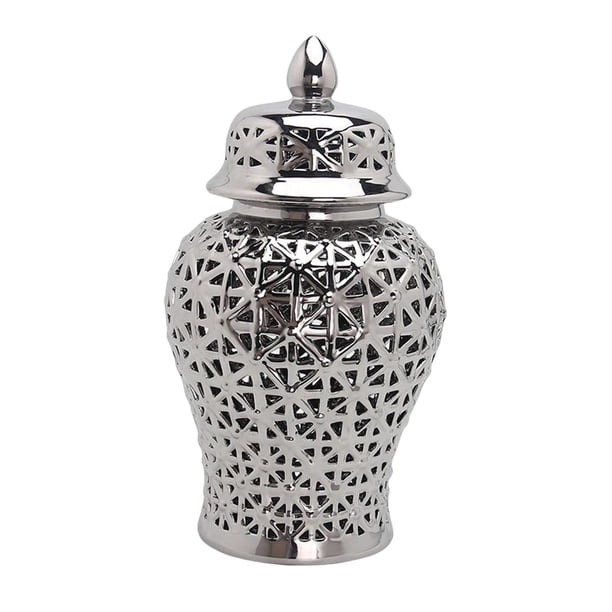Billuyoard Tarro de jengibre hueco de porcelana con tapa Organizador de tarros de templo Decoración del hogar Plata 19cmx36cm S