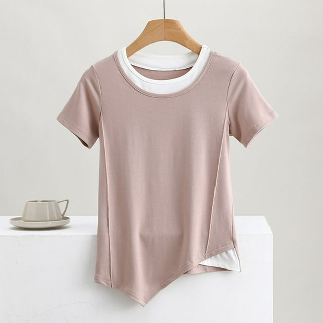 Fiudx Tops para Mujer Top de Cuello Redondo de Manga Corta de Color Sólido Informal y de Moda para Mujer
