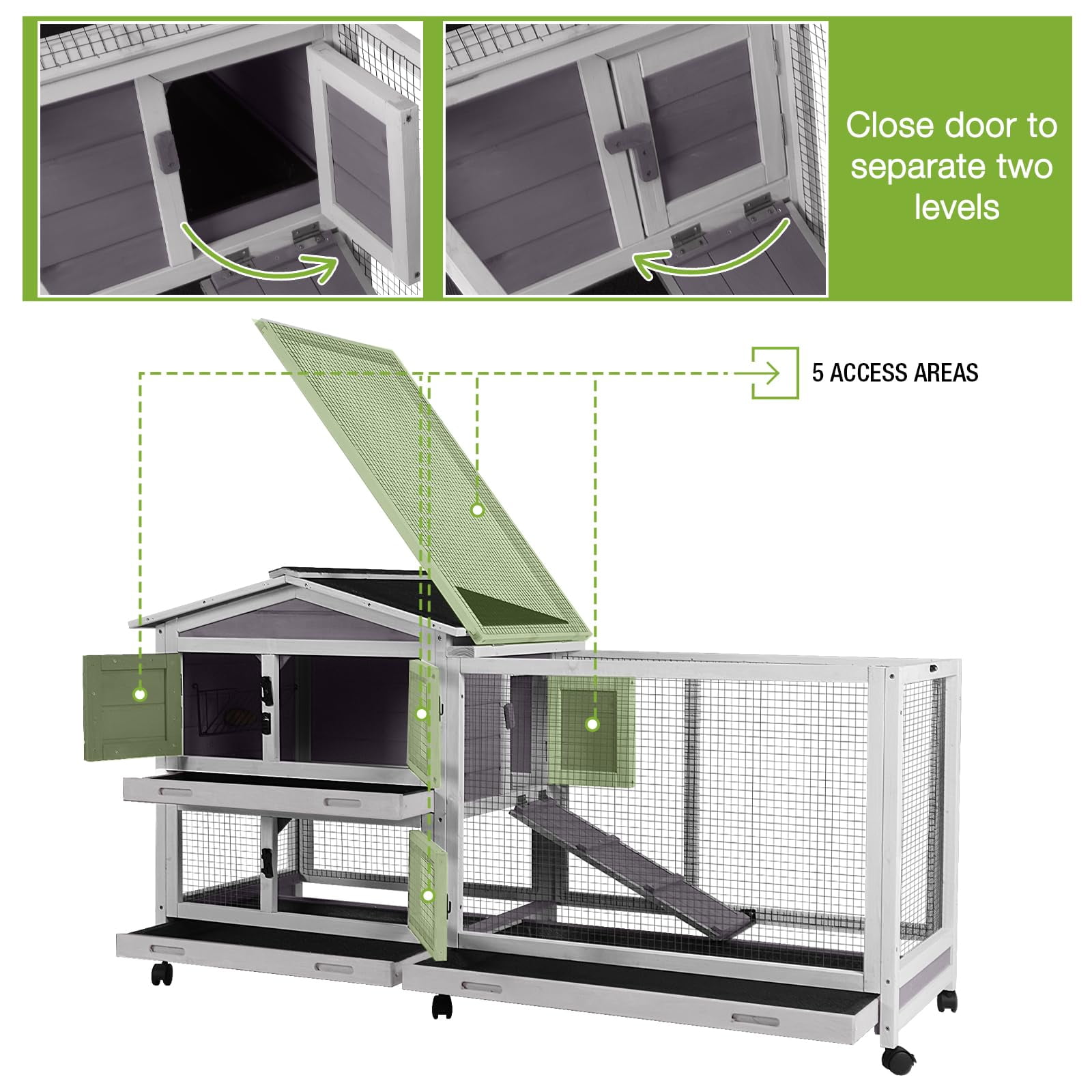 Rabbit Hutch 62" Mobile Bunny Cage Outdoor Indoor on Wheels with 3 Tray