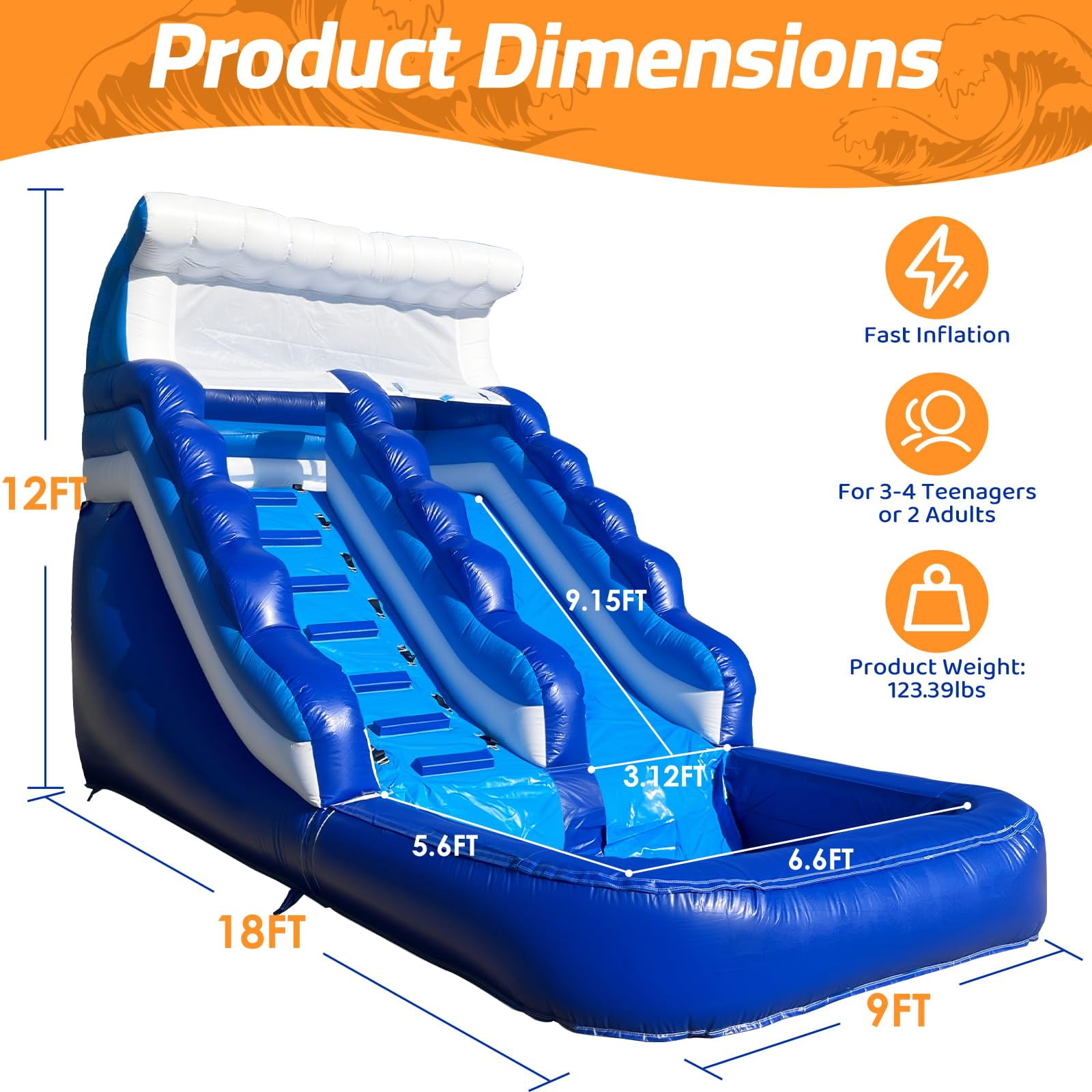 18’(L) Inflatable Water Slide Commercial Grade PVC with Detachable Slide Climbing Ladder and Pool, Giant Inflatable Wet Dry Use, Blow Up Water Slides for Backyard Outdoor, Party, Rental, Gift