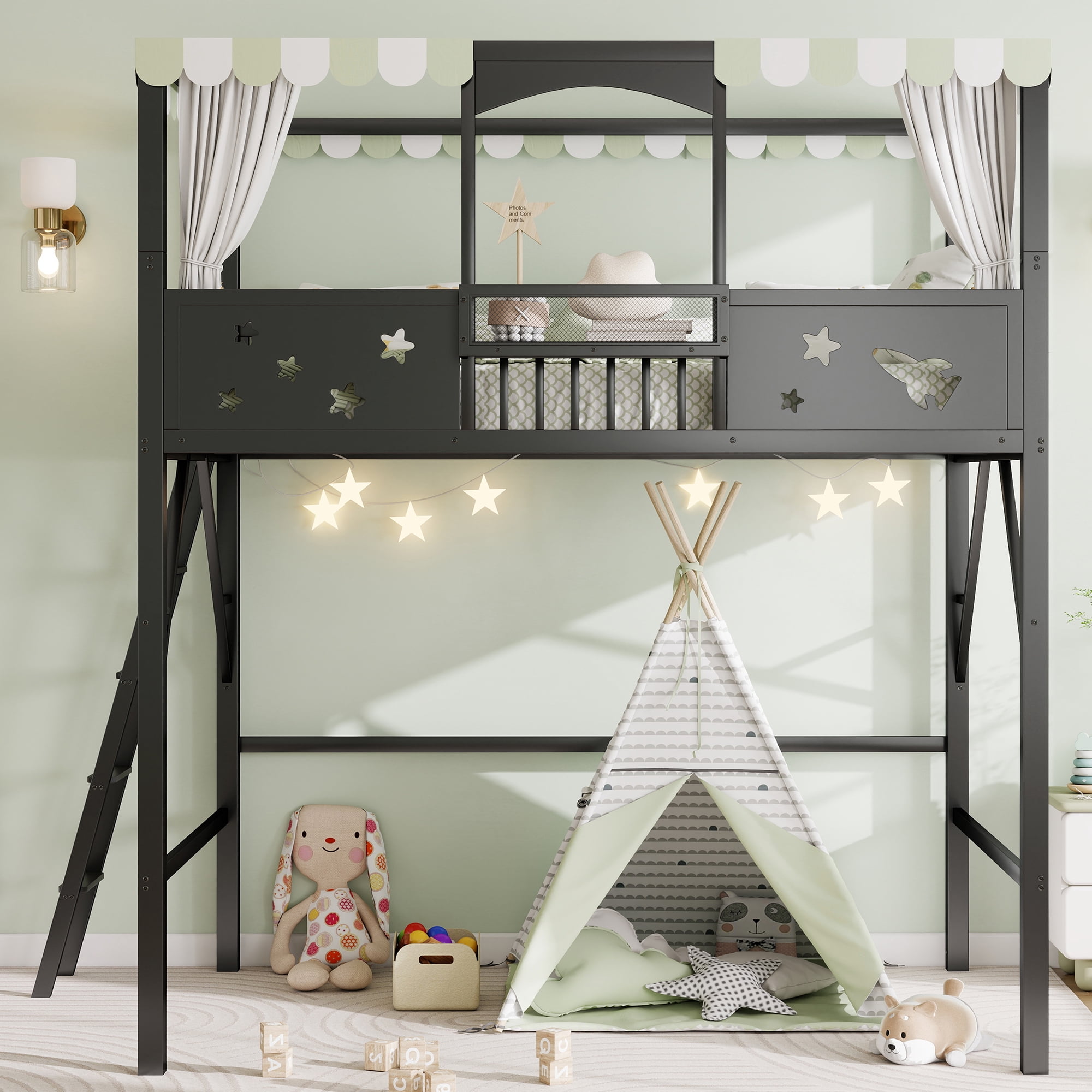 Leumius Full Size Loft Bed with Ladder and Storage Shelves,Metal High Loft Bed for Bedroom,Black