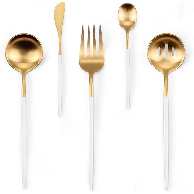 baomifa-Serving Utensils,Set of 5 Matte Whitegold Large Serving Spoon,Slotted Serving Spoon and Serving Fork,with Sugar Spoons and Butter Knife,Stainless Steel Serving Utensils Set for Party Catering