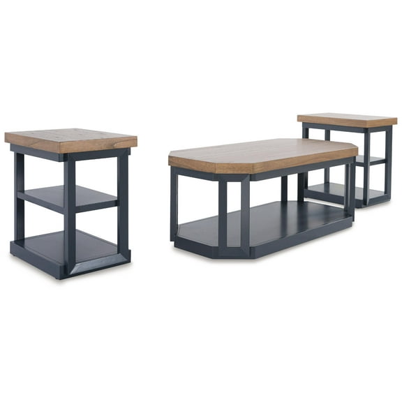 Signature Design by Ashley Landocken Contemporary Occasional Table Set with Open Shelves and Casters, Set of 3, Light Brown & Blue