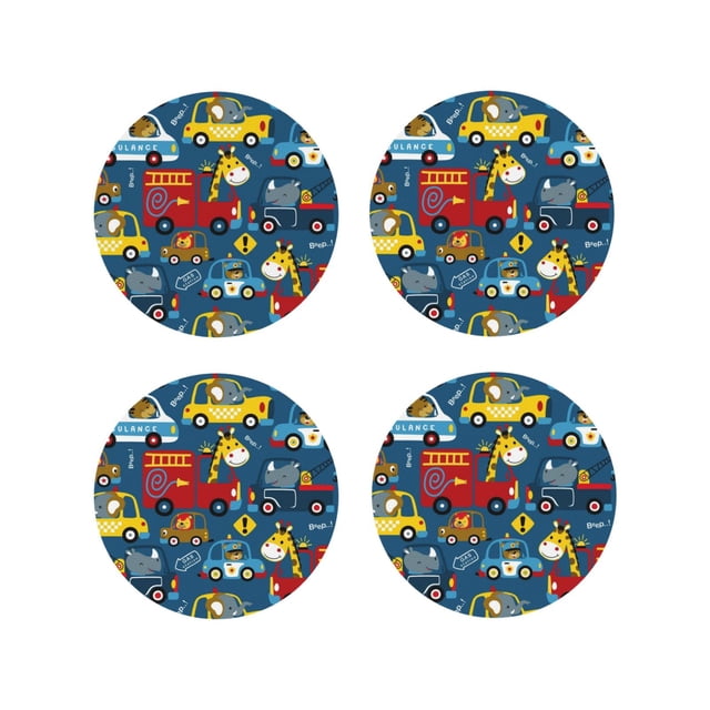 Vsdgher Vehicles Cartoon with Funny Drivers Print Leather Coasters for Drinks, Durable Drink Coasters 4 Set for Tabletop Protection, Luxurious Home Décor and Housewarming Gift-Round Shape