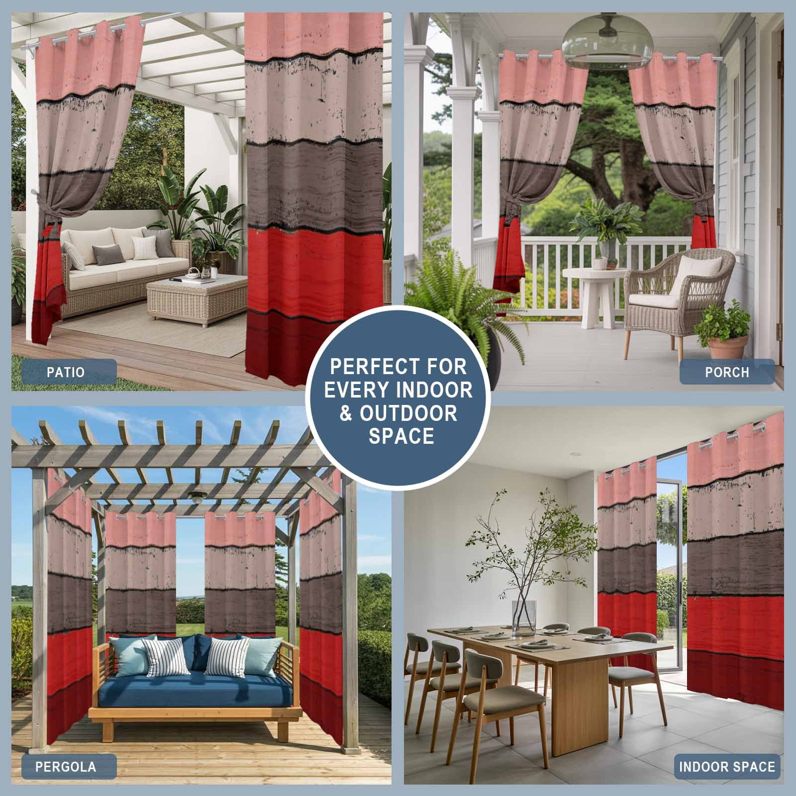 Outdoor Curtains for Patio Waterproof, Red Grey Windproof Pravicy Outside Porch Blackout Curtain, Vintage Stripe Farmhouse Wood Grain Ombre Sun Blocking Grommets Curtains for Cabana Gazebo 54"x108"
