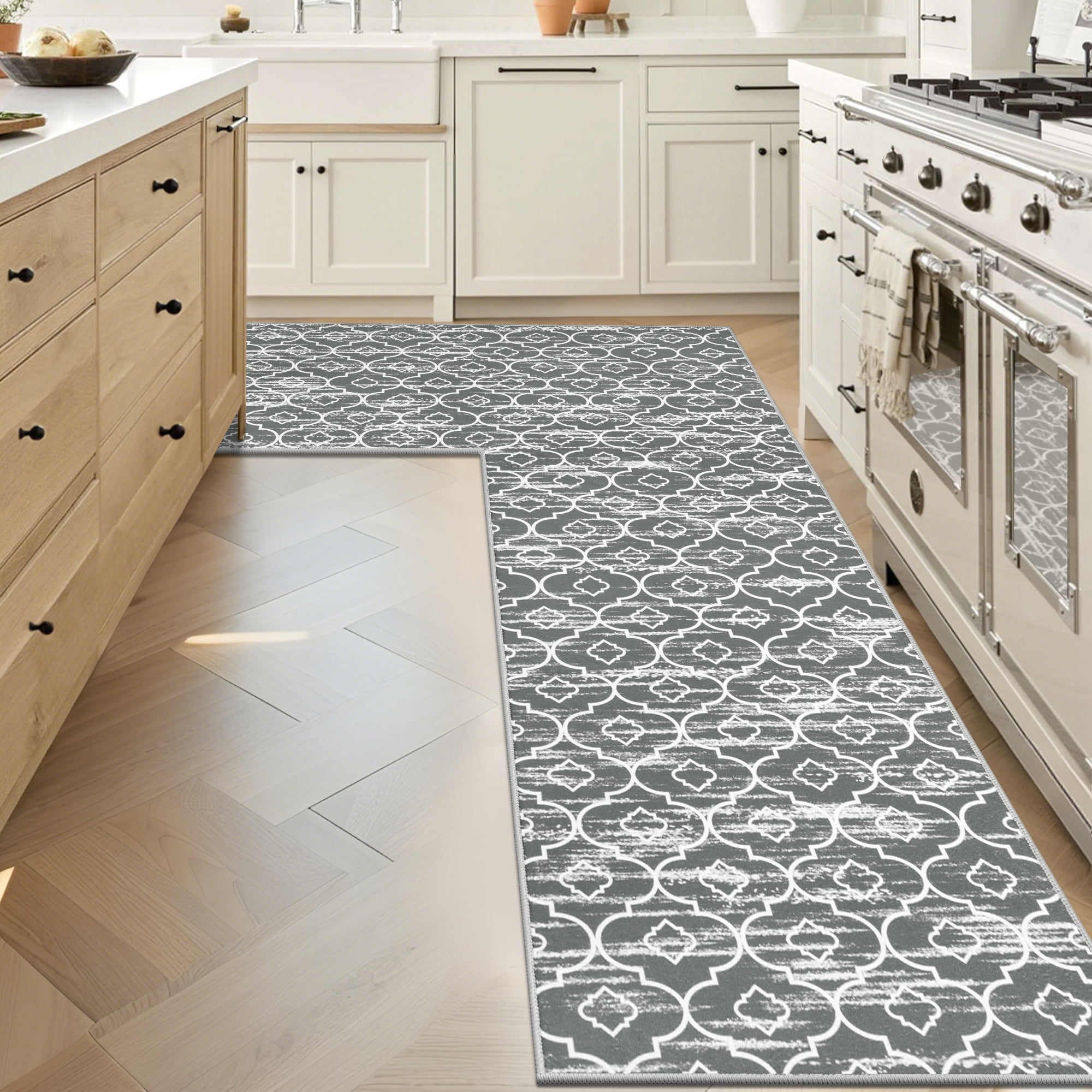 MeyJey Corner Kitchen Rug, 1 Piece Anti-Slip L Shape Kitchen Mat for Floor, Absorbent Runner in Front of Sink, Washable Floor Rugs for Home,Kitchen(Gray-L,24”x 71”x 71”)