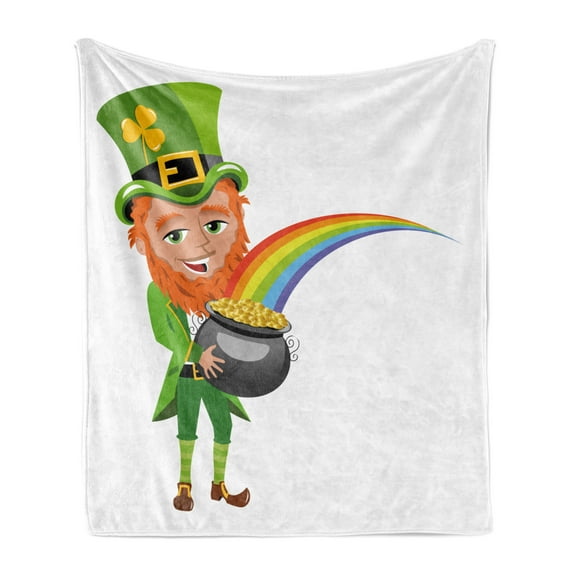 Leprechaun Soft Flannel Fleece Throw Blanket, Saint Patrick's Day Elf Man Holding a Rainbow Coin Pot Cartoon, Cozy Plush for Indoor and Outdoor Use, 50" x 70", Lime Green Charcoal Grey, by Ambesonne