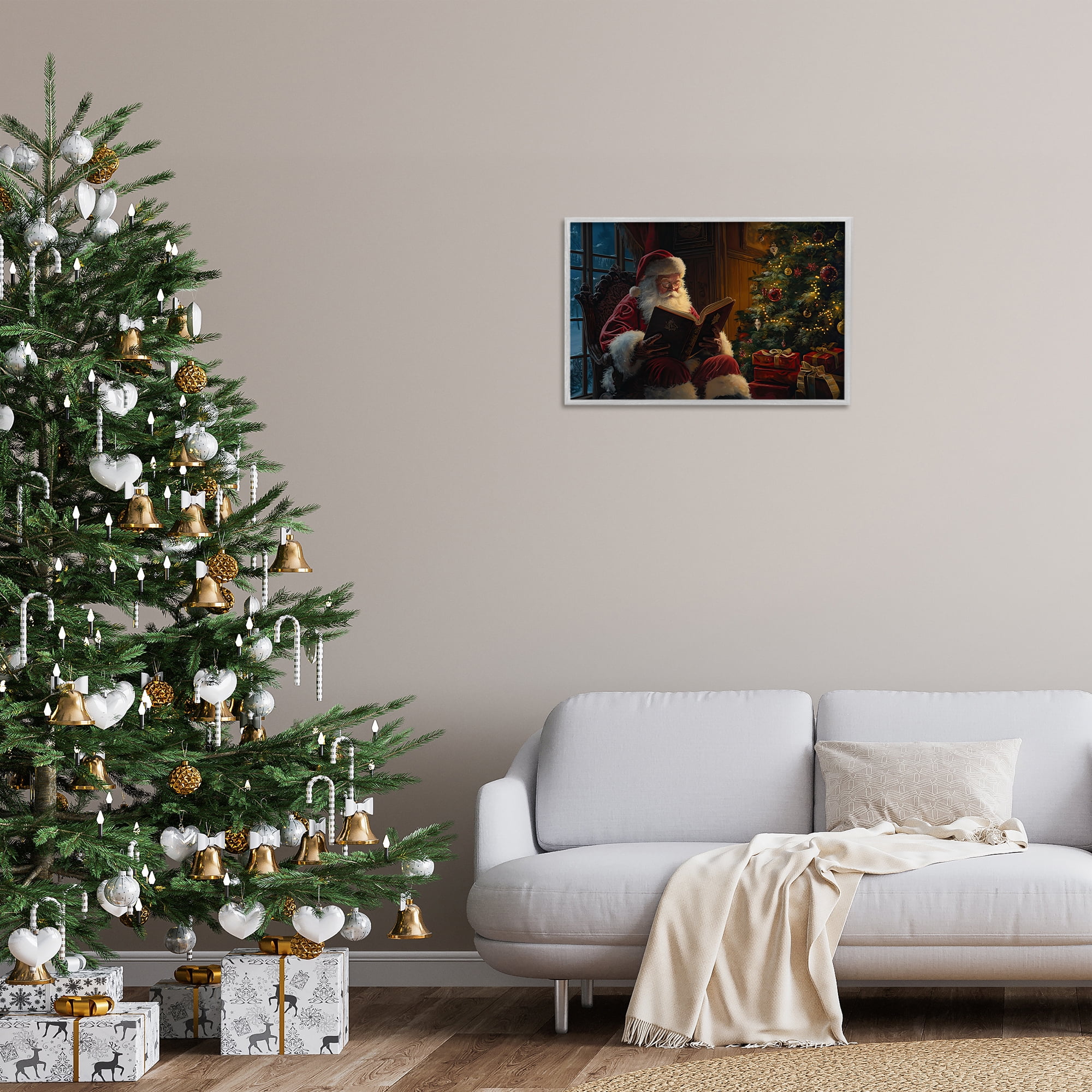 Stupell Industries Santa Reading by Tree Holiday Painting Gray Framed Art Prints Wall Art, 24 x 16
