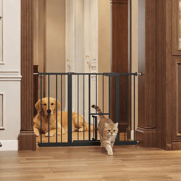 Black Pressure Mounted Baby Gate with Built-in Small Cat Door, 29.5"-44.1" Wide No Drill Metal Safety Gate for Stairs Doorways Kids & Pets