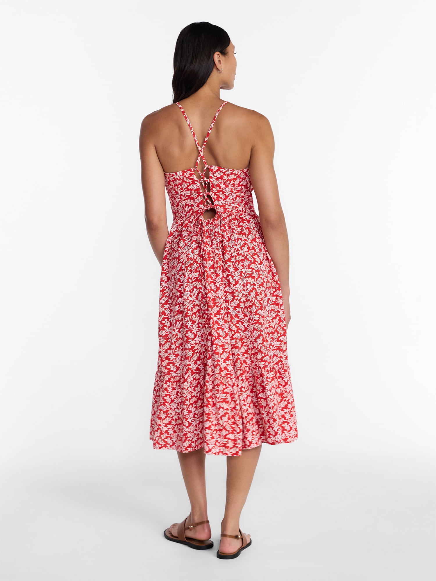 Time and Tru Women's Linen Blend Lace Up Halter Dress, Sizes XS-XXXL