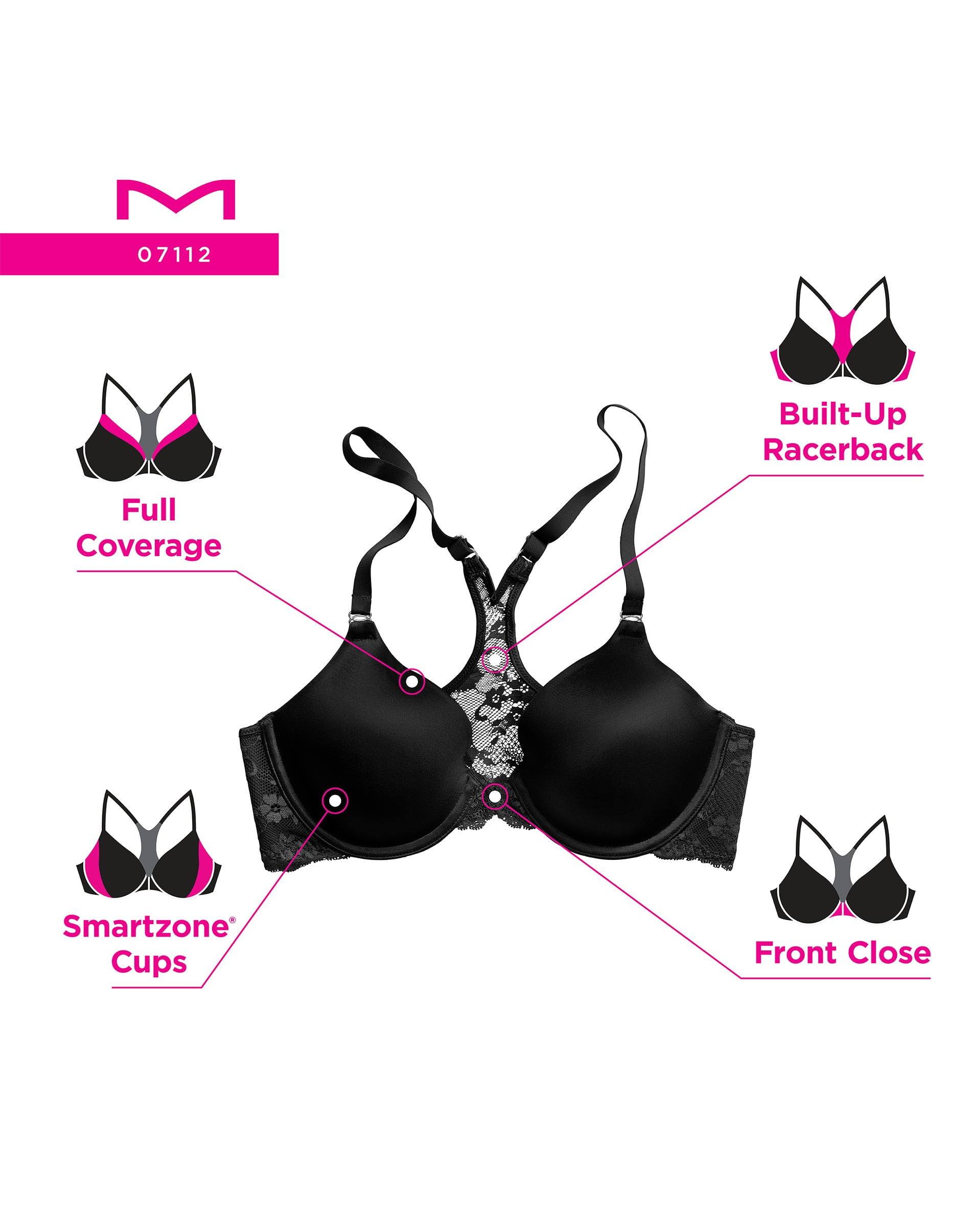 Maidenform T-Shirt Bra One Fab Fit Extra Coverage T-Back Front Closure Underwire 7112