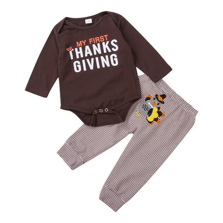 

Mxiqqpltky Baby Thanksgiving Clothes Set Long-Sleeved Letter Print Romper Strip Print Long Pants