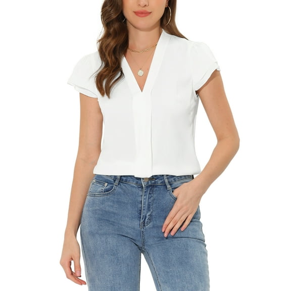 INSPIRE CHIC Women's Summer Office V-Neck Solid Color Casual Chiffon Ruffle Sleeve Blouse