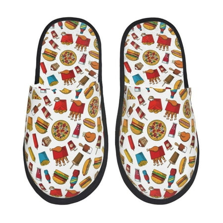 

Fuzoiu Hot Dog Pizza Print Unisex Furry Slippers Plush Indoor Shoes Trendy House Slippers Anti-Skid EVA Sole House Shoes for Home Office and Travel -Large