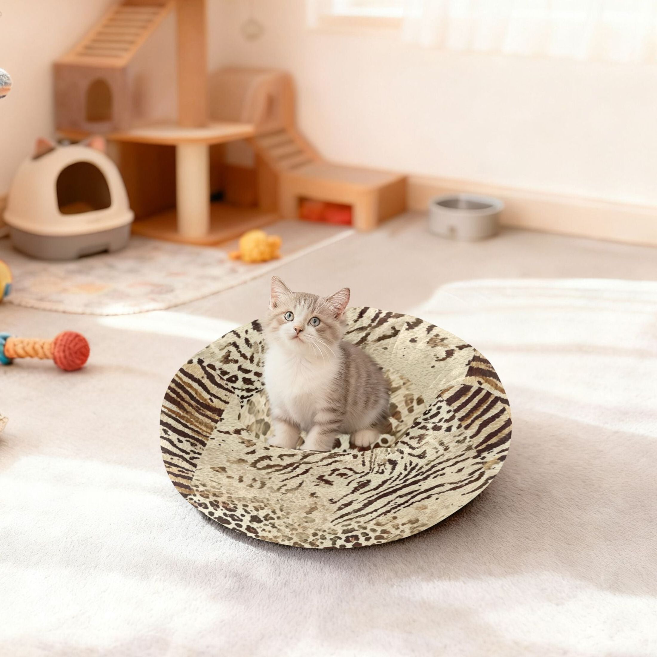 Iauyy Pet Couch Donut Cat Bed for Indoor Cats/Small Dogs Washable & Machine with Non-slip Bottom Calming Cat Furniture, Natural Colors (M)