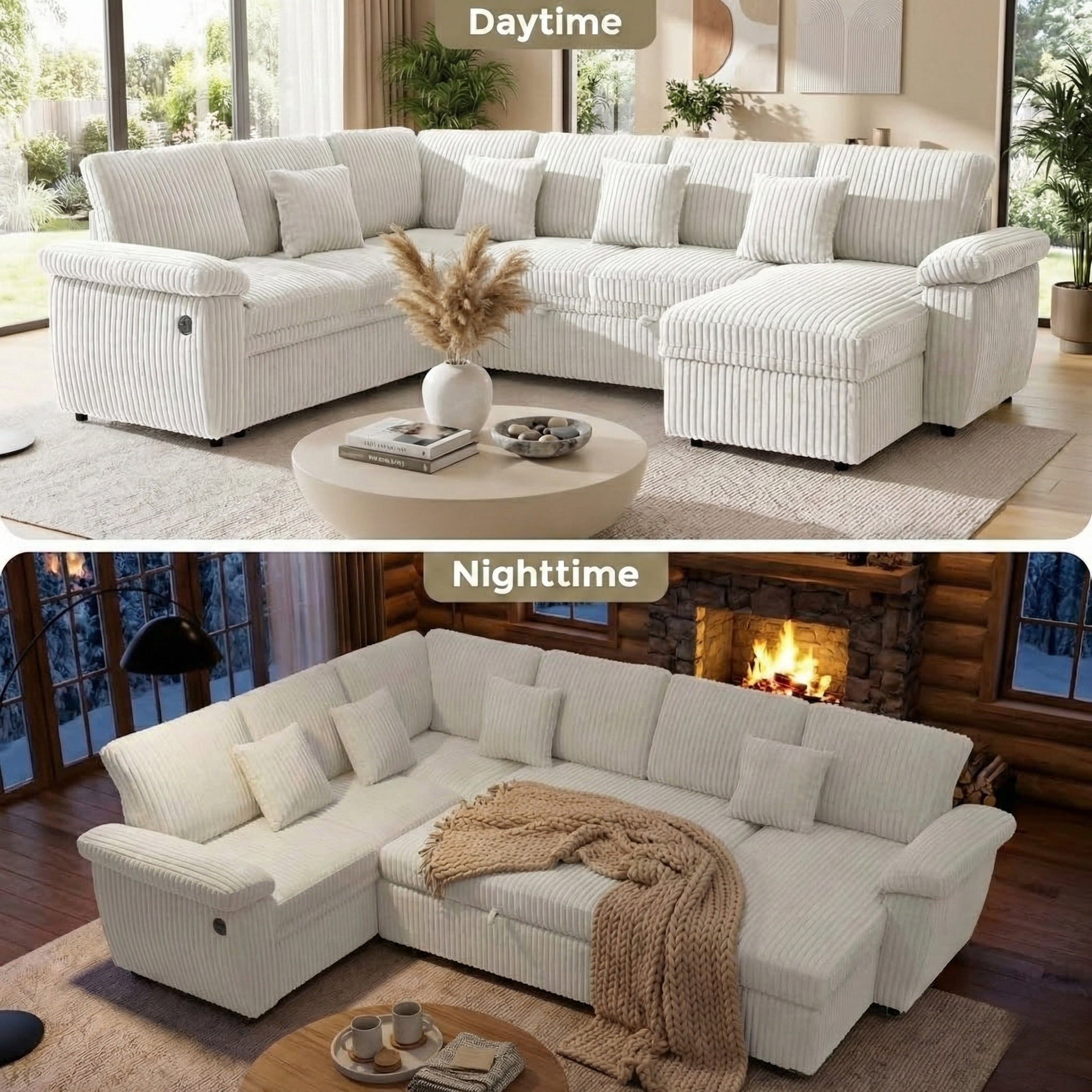 Howcool Modular Sectional Sleeper Sofa with Pull-Out Bed, U-Shaped Convertible 7-Seat Cloud Couch with Storage Chaise & USB Charging, Plush Corduroy Sectional for Living Room,Beige