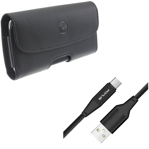 Black Horizontal Leather Case Side Cover w 10ft Long Cotton Braided USB Type-C Cable Sync Wire L1W for Alcatel 7 - Coolpad Legacy - Nokia 3.1 Plus - OnePlus 7 Pro - Samsung Galaxy S10 5G