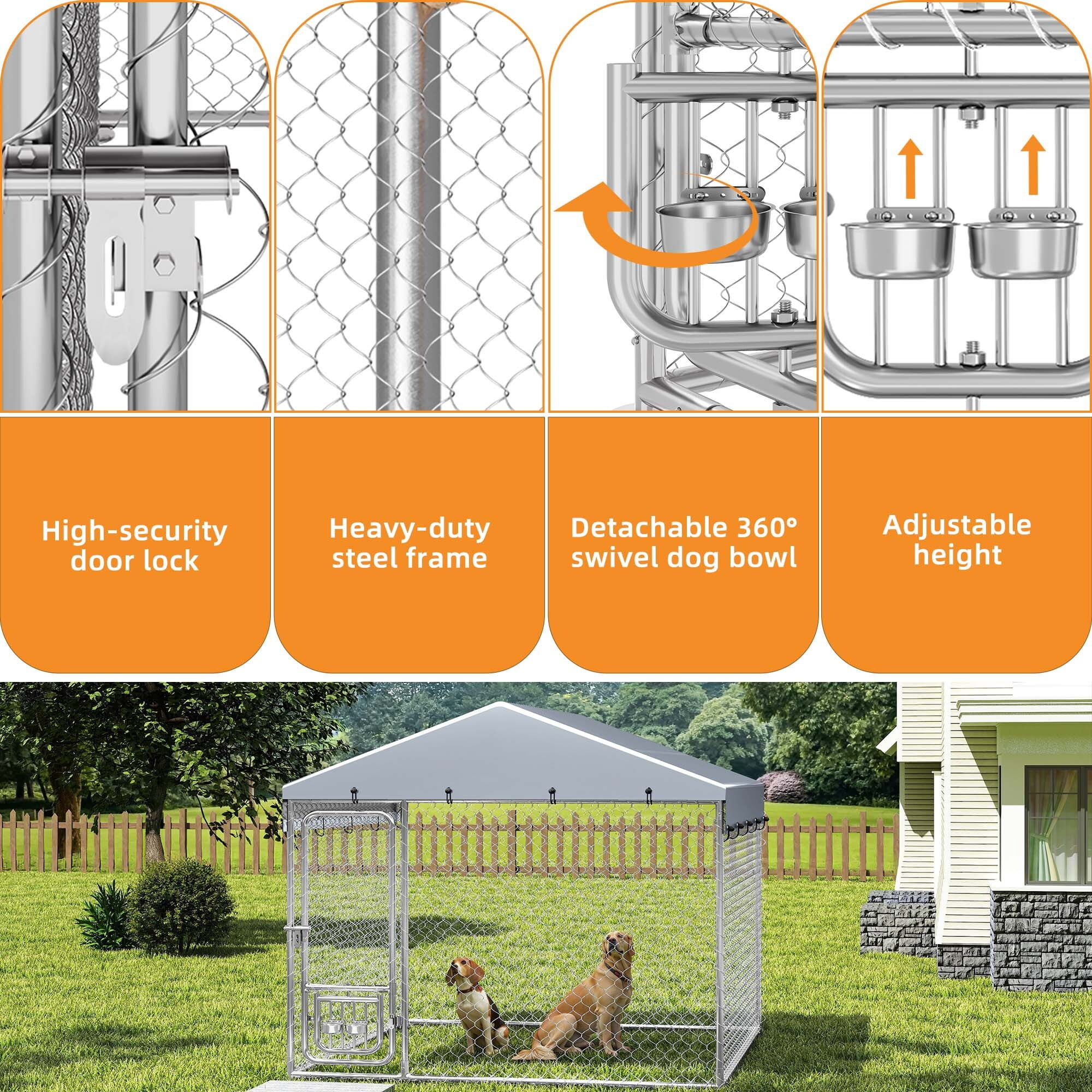 Uforic 7.5'x7.5' Outdoor Dog Kennel with Rotating Feeder & Roof, Heavy Duty for Backyard Farm