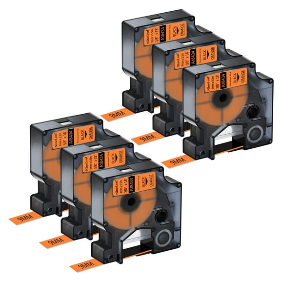 NineLeaf 6PK Compatible for DYMO 18434 3/8" x 18' (9mm x 5.5m) Black on Orange Industrial Vinyl Label Maker Tape for Rhino 4200 5200 Label Maker