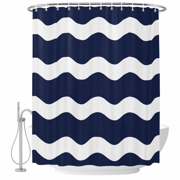 Navy Blue and White Stripes Fabric Shower Curtain Sea Wave Washable Shower Curtains for Bathroom, Waterproof Bath Curtain with Hooks Home Decor 36x72in