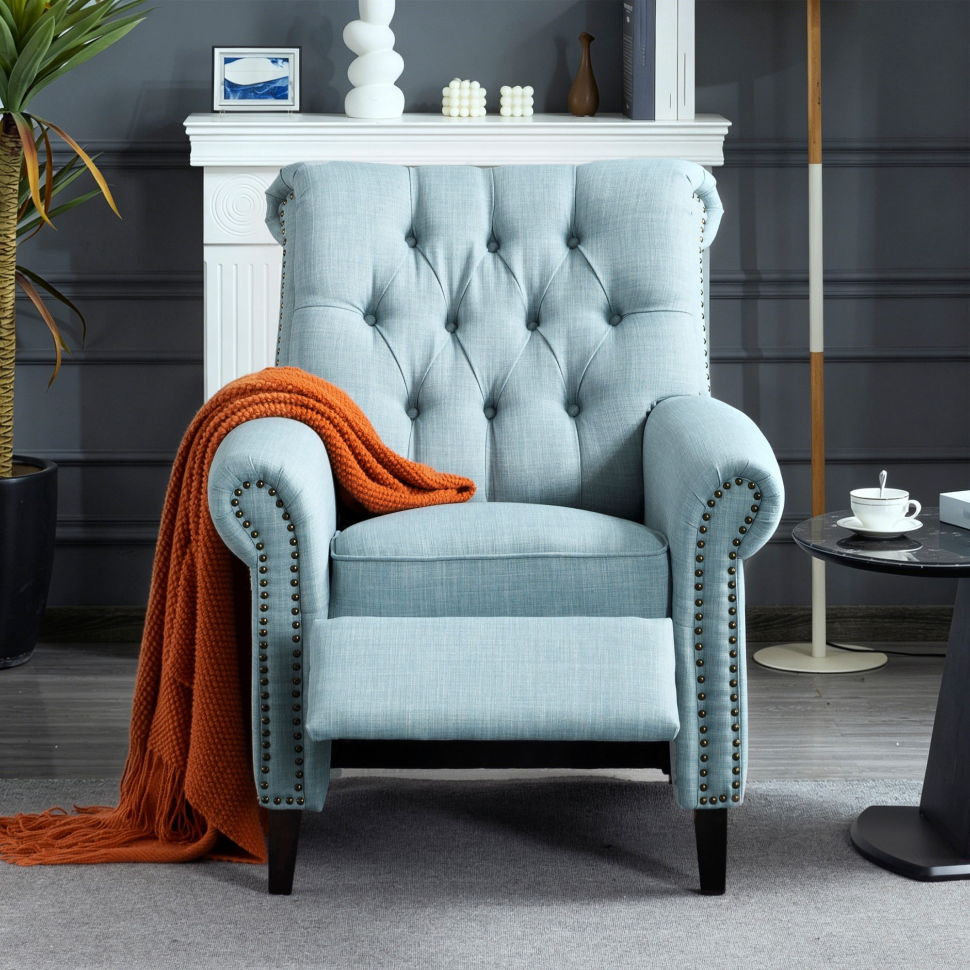 BSHTI Pushback Recliner Chair Linen Upholstered Armchair for Living Room Home Theater, Manual Single Sofa with Nailhead Trim, Rolled Arms, Wood Legs, Adjustable Footrest(Blue)