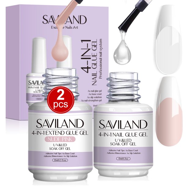 Saviland 2Pcs Super Strength Nail Glue Gel 15ML 4In1 Long Lasting