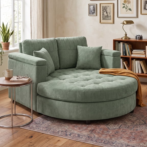 Euroco 66.9" Oversized Chaise Lounge Chair Indoor,Cloud Plush Chenille Floor Sofa Bed with Deep Seat,Storage Arms & Removable Pillows,Modern Upholstered Sofa Couch for Living Room,Green