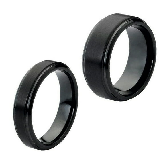 Matching Mens and Ladies Black Brushed Finish Step Edge Tungsten Carbide Wedding Band Ring Set