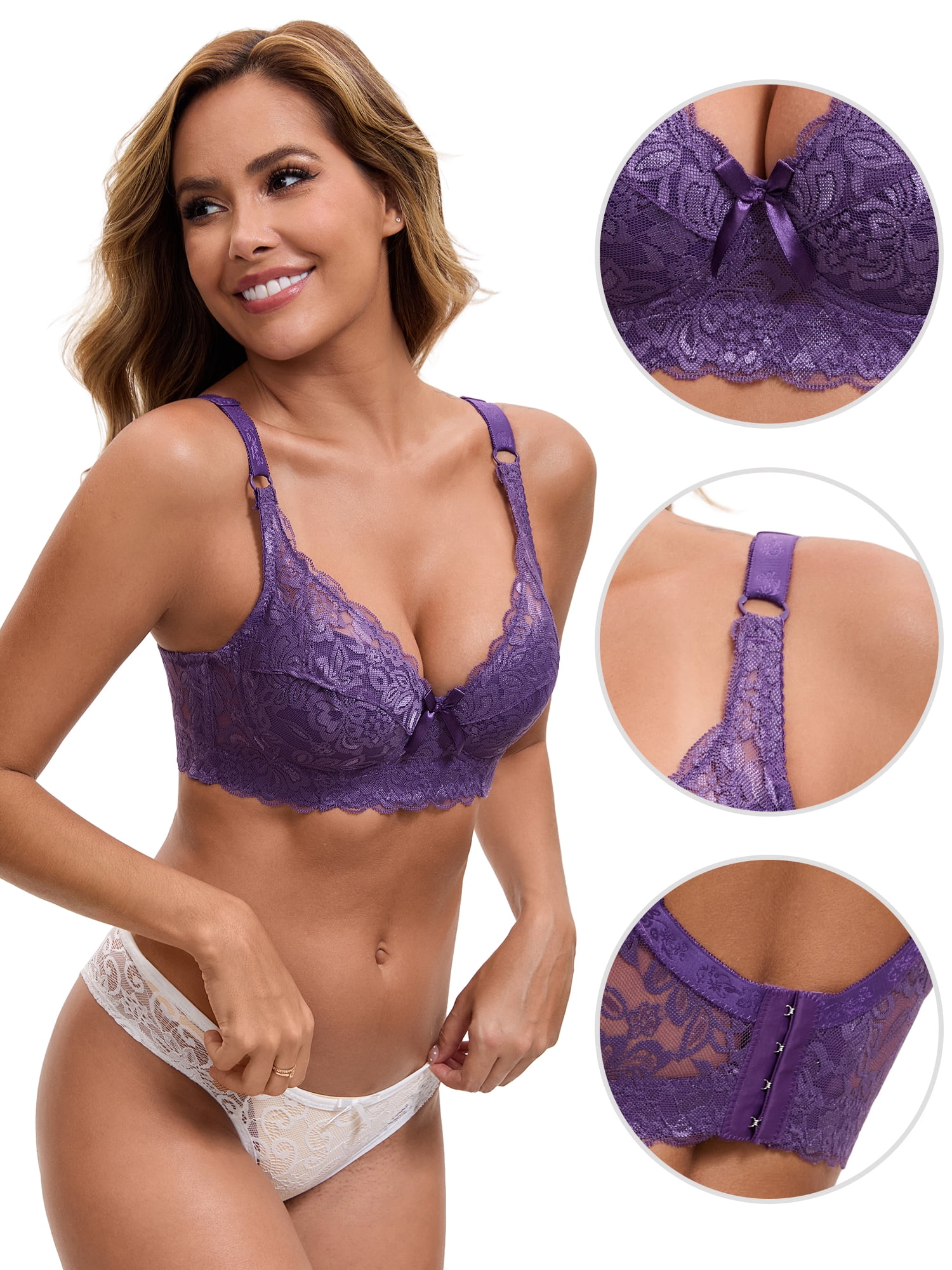 DARING DIVA Women's Lace Underwired Bras Adjustable Straps U Back Bralettes C 38 Purple