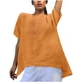 thumbnail image 2 of Spring Summer Women Tops Plus Size Linen Short Sleeve Crew Neck Pullover Blouse Shirt Solid Color Casual Loose Asymmetrical Going Out Tops For Women, 2 of 6