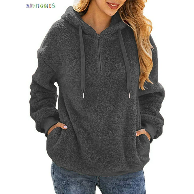 BadPiggies Womens Fuzzy Fleece Sweatshirt Casual Loose Pullover Oversized Hoodie with Pockets Gray)