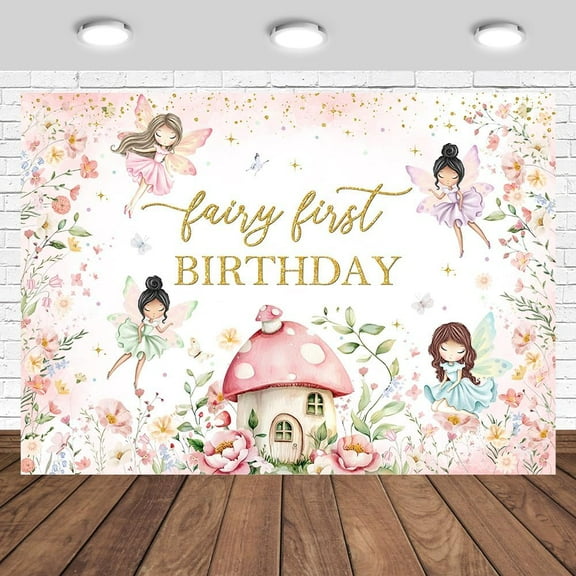 Fairy First Birthday Backdrop for Girls Magical Princess Fairy Party Decorations Banner Butterfly Mushroom House Floral Theme Spring Magic Forest Photography Background