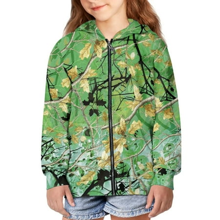 POLERO Zip-Up Hoodie Sweatshirt Girls Kids Teens Green Hunting Camo Lightweight Long Sleeve Hooded Jacket with Pockets Cute Teen Girl Boy Clothes 6-7 Years