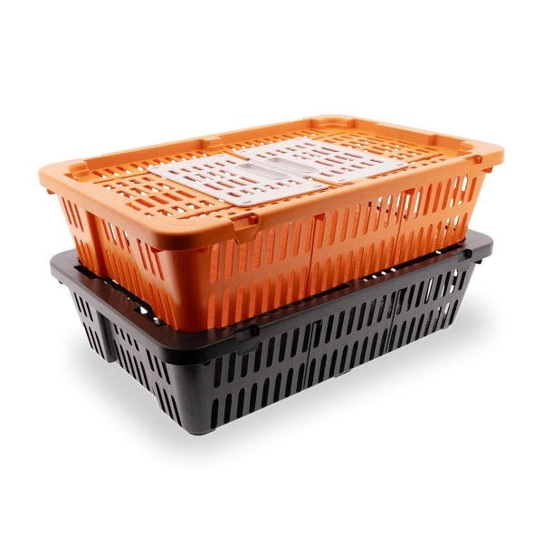 Transport Coop for Quail & Pigeons, Plastic Poultry Carrier Crate, Black, Ventilated Locking Lid, Stackable Lightweight Bird Transport Box