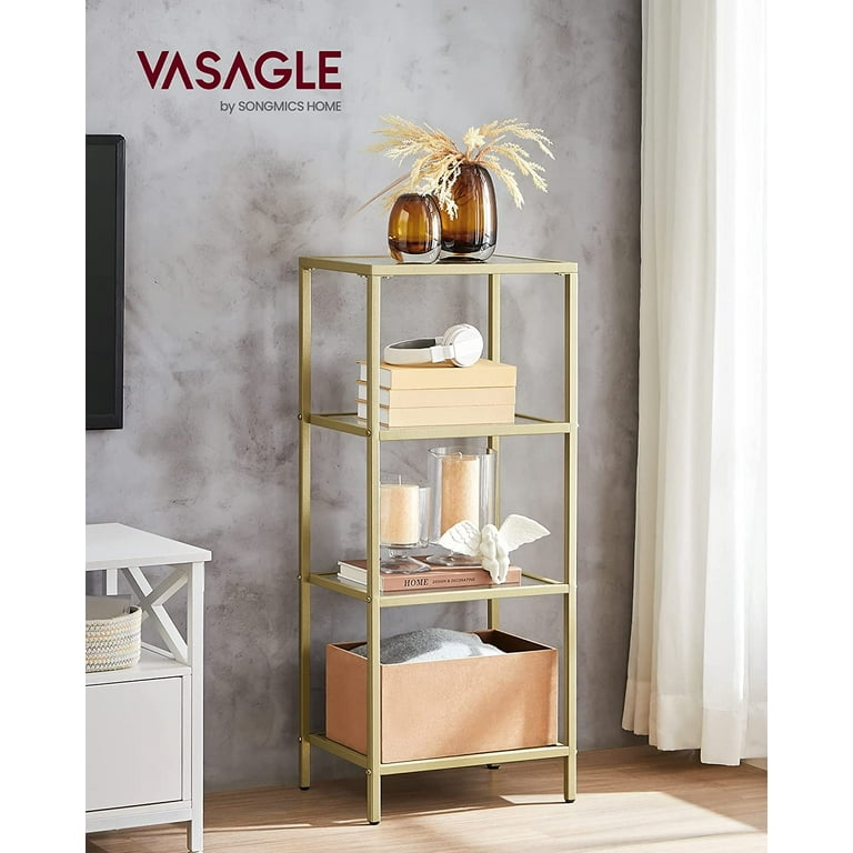 VASAGLE Bookcase 4 Tier Bookshelf Slim Shelving Unit for Bedroom Bathroom Home Office Tempered Glass Steel Frame Gold