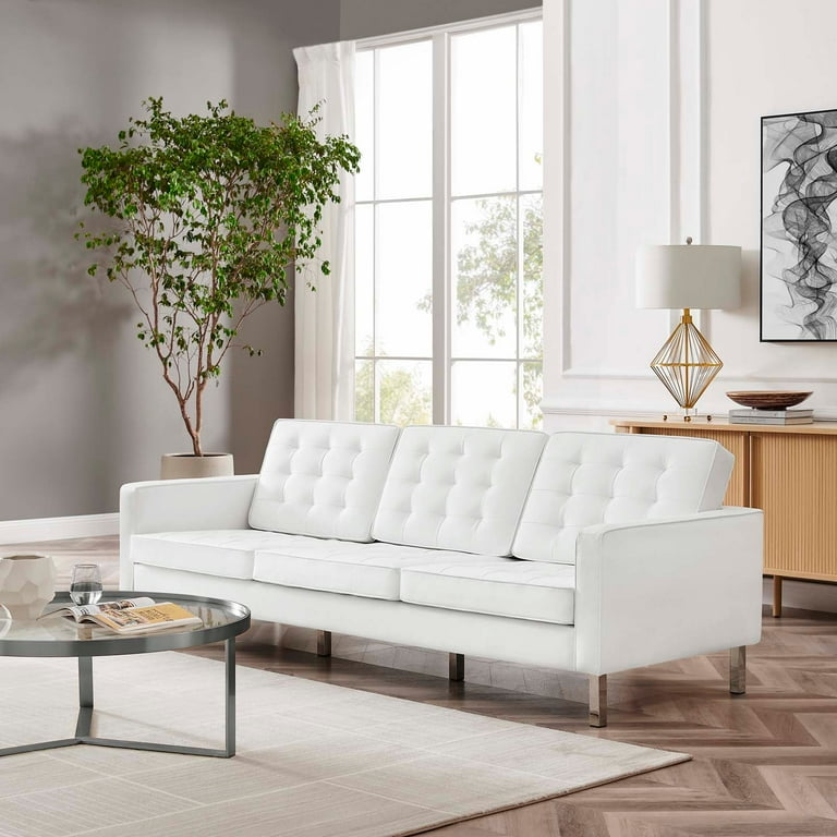 Florence Sofa Modern Tufted Couch Mid Century Sofa Vegan White Leather