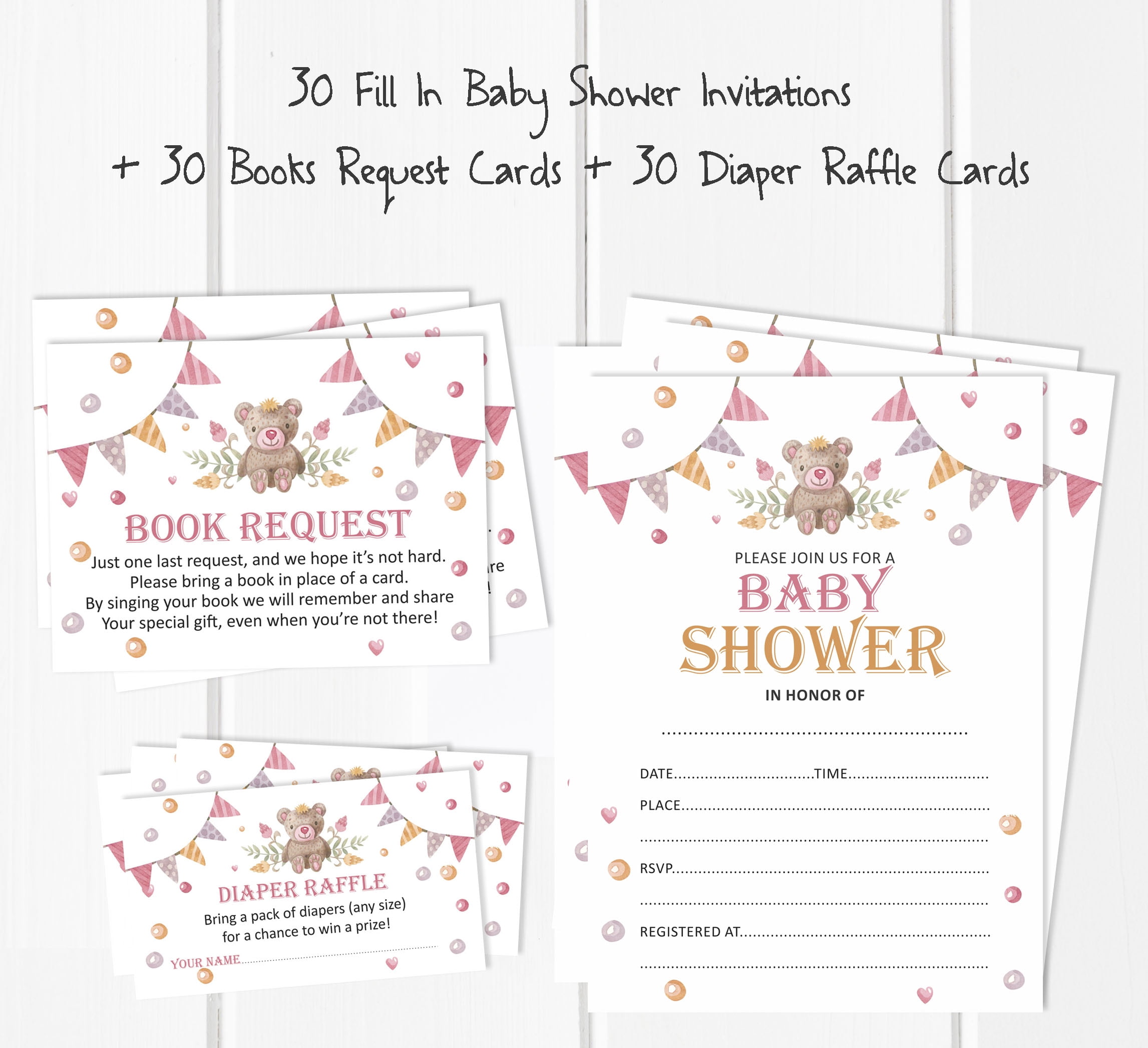 Inkdotpot Set Of 30Teddy Bear Baby Shower Invitations-Diaper Raffle Tickets And Baby Shower Book Request Cards Gender Neutral Invites Its A Boy Its A Girl