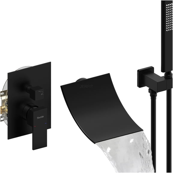 JERFIT Matte Black Waterfall Tub and Shower Faucet Combo with Handheld, Single Handle Wall Mount Bathroom Mixer Tap with High Flow Rain Shower Head