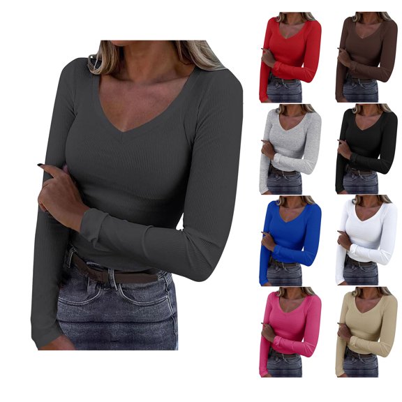 Vmvidoty 2026 Long Sleeve Shirts for Women V Neck Top Ribbed Knit Fitted Basic Tee Going Out Tops Casual Trendy Fall Outfits Dark Gray S