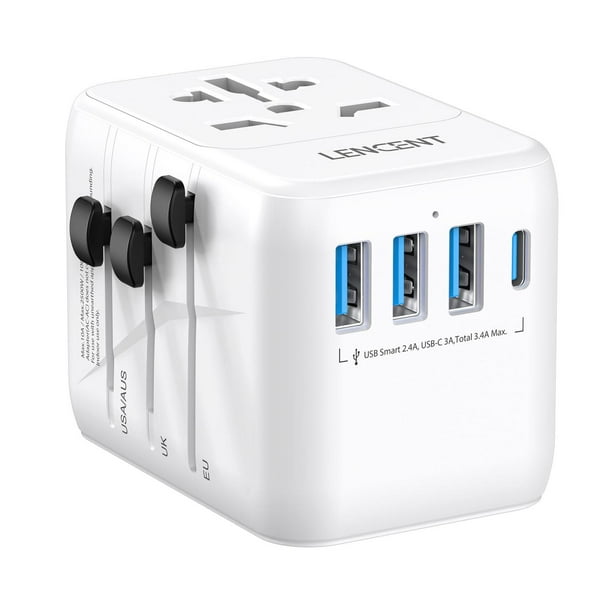 Adaptador de Viaje Universal LENCENT Blanco con 3 Puertos USB y PD Tipo-C para más de 200 Países