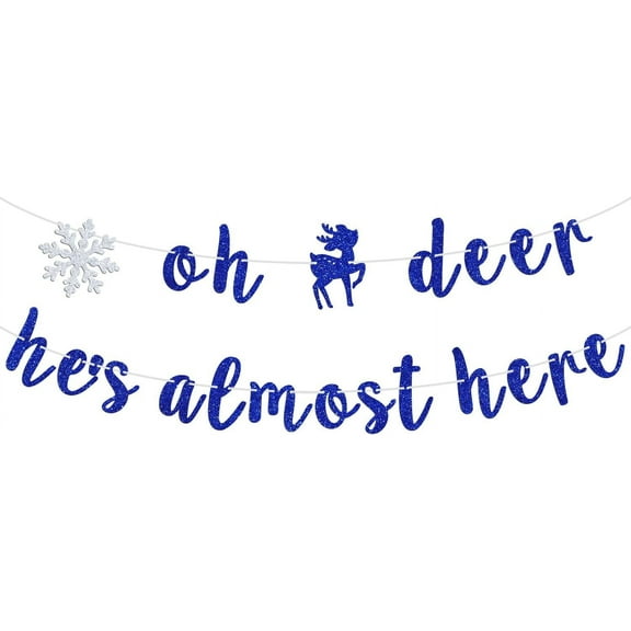 Oh Deer He's Almost Here Banner, Sweet Baby Boy/Welcome Baby, Winter Christmas Themed Baby Shower/Gender Reveal Party Decorations Supplies, Silver and Blue Glitter