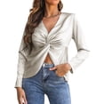 thumbnail image 3 of STARVNC Women V Neck Front Twisted Knot Long Sleeve Satin Slit Hem Top, 3 of 7