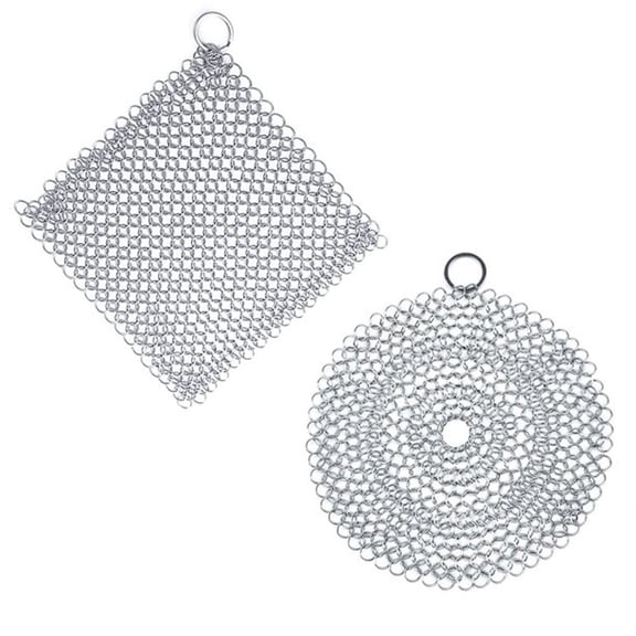 2 Stainless Steel Cast Iron Skillet Cleaner Chainmail Cleaning Scrubber With Hanging Ring for Cast Iron Pan,Pre-Seasoned Pan,Griddle Pans, BBQ Grills and More Pot Cookware - Square Circular 4x4 In