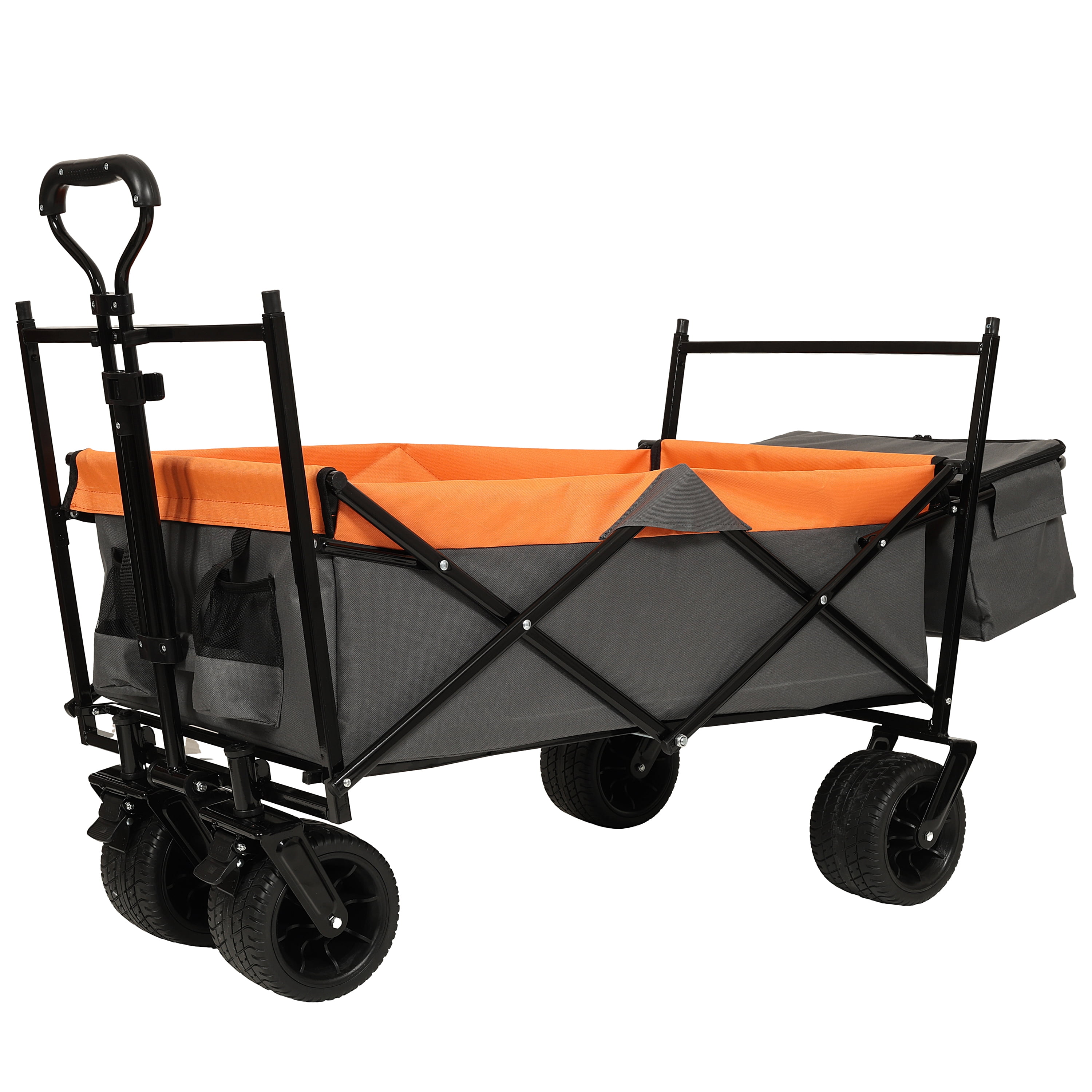 Heavy Duty Folding Wagon with Canopy, 480 lbs Collapsible Wagon Stroller with Mosquito Net, 7"x4" All-Terrain Wheels for Camping, Garden, Orange