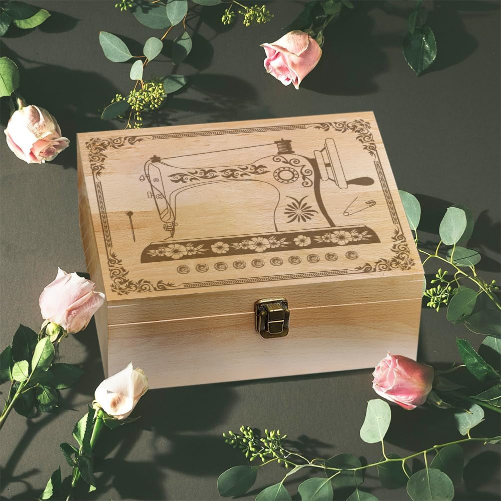 Rectangle Wooden Memory Keepsake Boxes with Lids for Anniversary Wedding Memory Birthday Valentines Day Sewing Machine 24.5x19.5x10.3cm