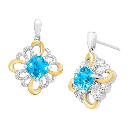 Duet 2 3/8 ct Natural Swiss Blue Topaz Drop Earrings with Diamonds in Sterling Silver and 14kt Gold