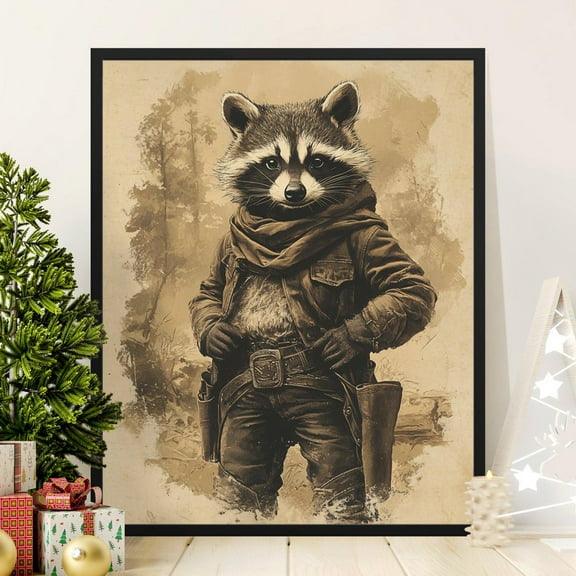 Western Raccoon Cowboy Vintage Style Art Print, Animal Character Poster, Rustic Home Decor Wall Art, Unique Gift Idea, 8x12