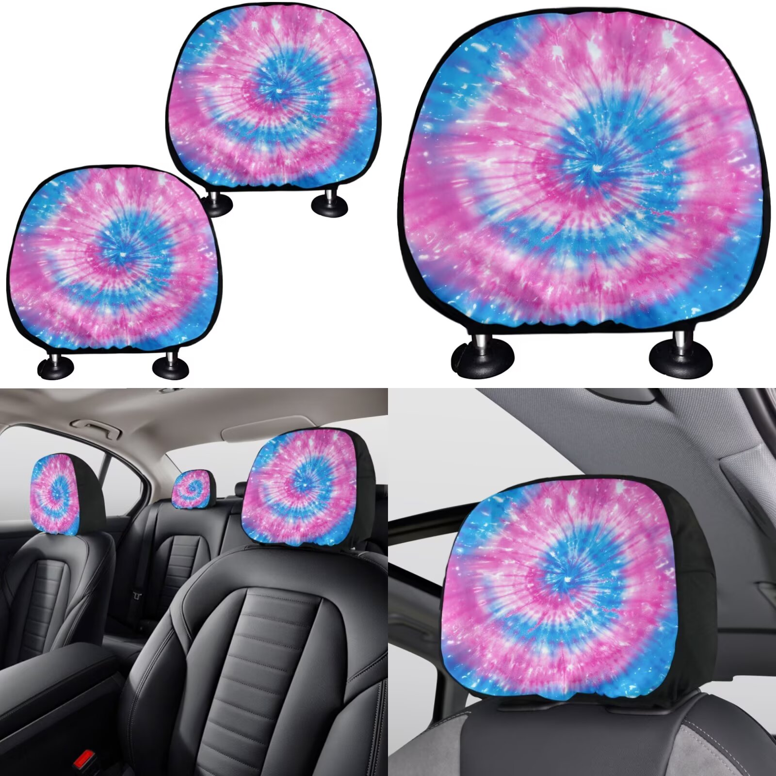 Garronmavis Blue & Pink Dye-Tie Car Seat Covers Full Set Universal Fit Most Vehicle Decor Interior with Steering Wheel Wrap Gear Shift Cover Handbrake Sleeve Headrest Protectors Cup Coaster