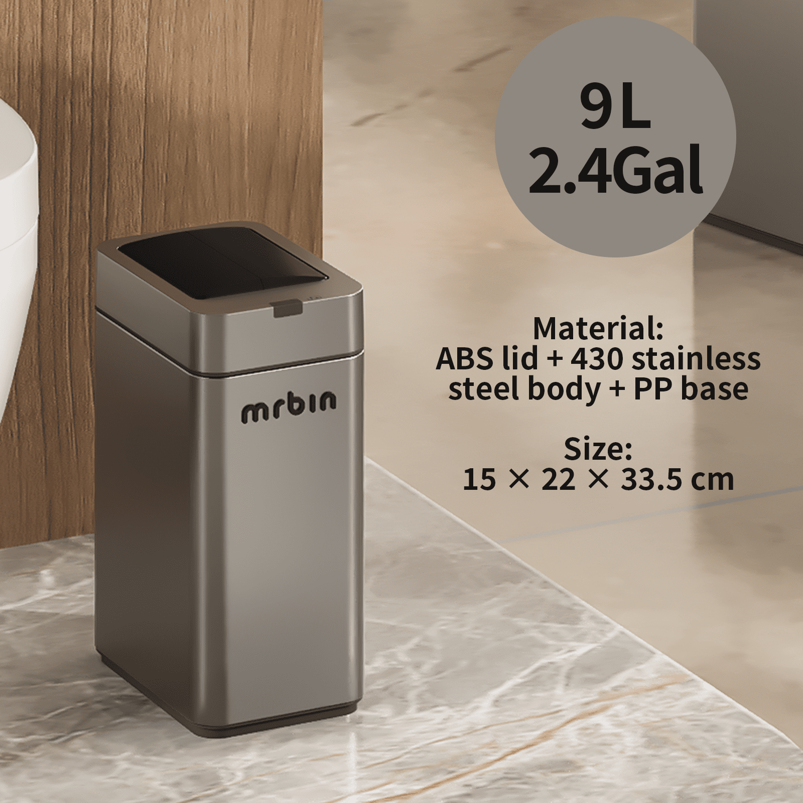 MRBIN Slim 2.4 Gal Bathroom Trash Can with Lid – Small Stainless Steel Touchless Motion-Sensor Waste Basket for Office, Bedroom, Kitchen, RV, Quiet Close, Dog-Proof, Space-Saving Narrow Garbage Can