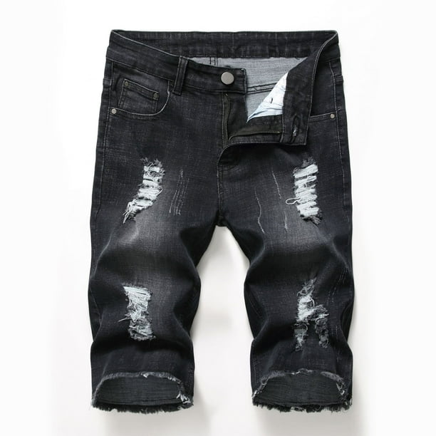 Shorts de mezclilla para hombre con perforaciones elásticas y bordes pulidos color claro